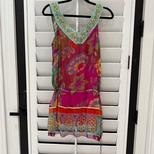 Aftershock‎ London Silk Floral Embellished V Neck Tunic Dress Boho Festival